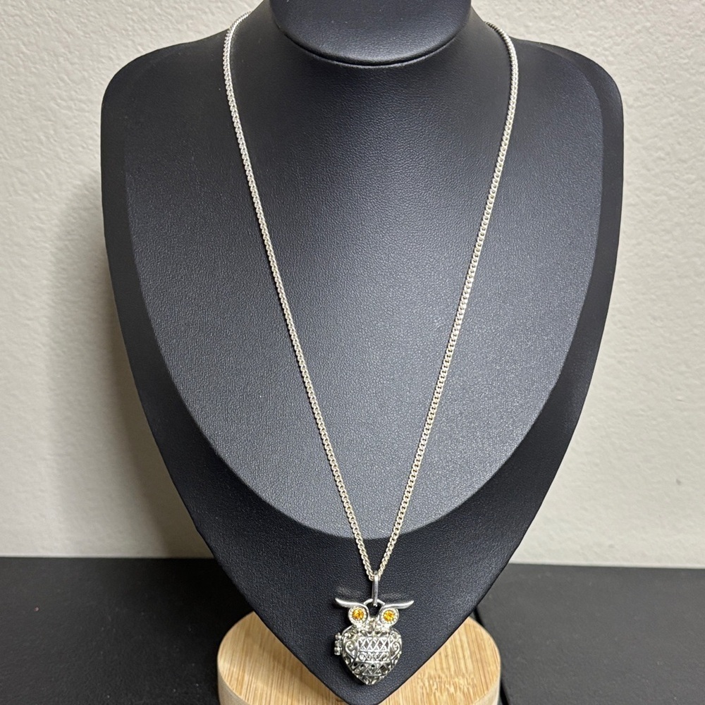 Owl Caged Locket Pendant Chain Link Marked Necklace Silver Tone